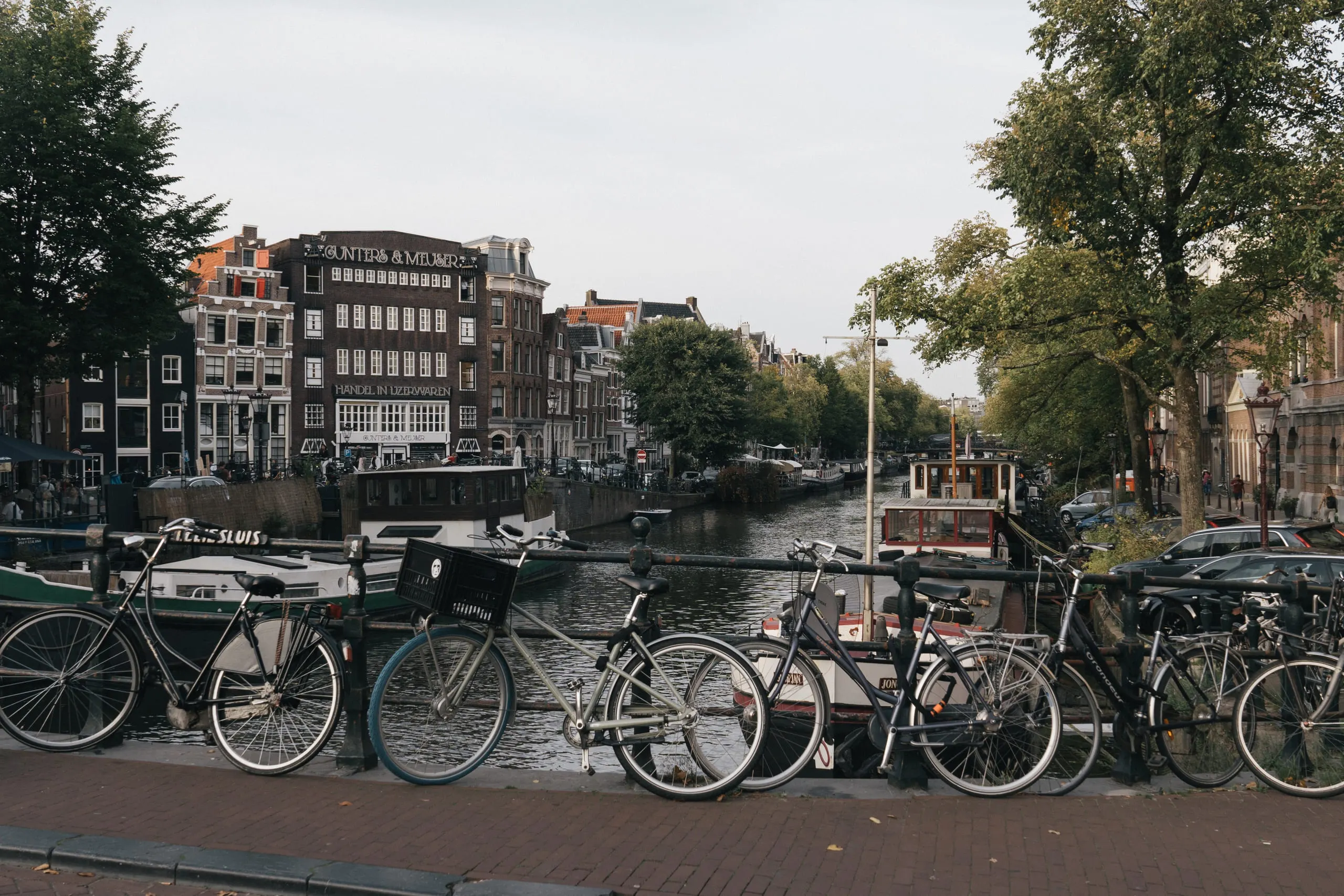 Bicycles locked in a row along a canal railing, gabled houses and trees on the far bank.