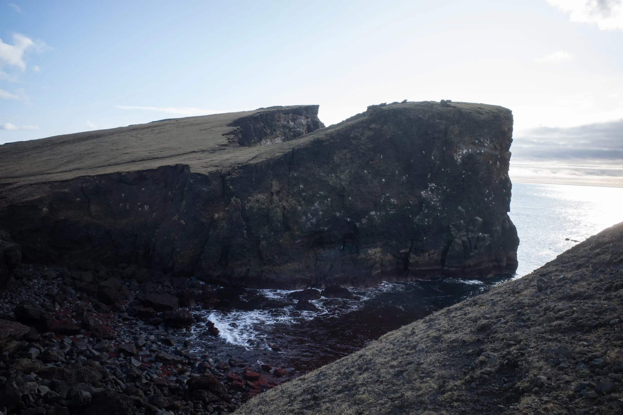 Dark volcanic sea cliffs dropping into the North Atlantic, pale surf breaking at their base.